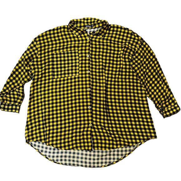 Small Boohoo Oversized Gingham Black Yellow Plaid Long Sleeve Button‎ Down Shirt - Picture 4 of 4